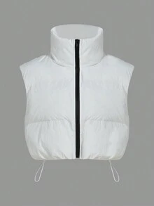 SHEIN BASICS 抽绳下摆拉链短款背心夹棉外套 - 白色 - 查看 7