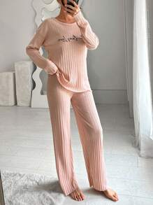 RueChic 100%Cotton Letter Graphic Drop Shoulder Tee & Pants Lounge Set - Pink - View 4