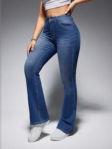 SHEIN EZwear 斜口袋牛仔喇叭褲 - 藍色 - 查看 4