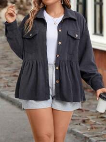 SHEIN LUNE Plus Flap Pocket Drop Shoulder Peplum Hem Blouse - Khaki - View 3