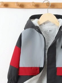SHEIN 男小童休閒柔軟的舒服的連帽夾克帶長毛絨襯墊和白色字母拼貼適用於秋天和冬天 - 黑色 - 查看 4
