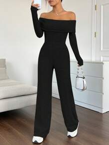 SHEIN EZwear Black Leisure And Home Foldover Off Shoulder Wide Leg Jumpsuit - Black - View 1