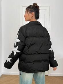 SHEIN EZwear 星星图案拉链衬垫大衣 - 黑色 - 查看 2