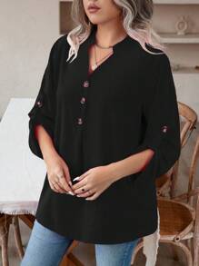 EMERY ROSE 大碼捲邊袖半排扣襯衫 - 黑色 - 查看 6