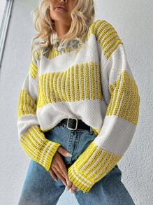 EURMUSE Striped Pattern Drop Shoulder Sweater - Yellow - View 4
