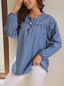 SHEIN LUNE Nút Nửa Tay áo lồng đèn Tops Denim - Rửa nhẹ - Xem 3