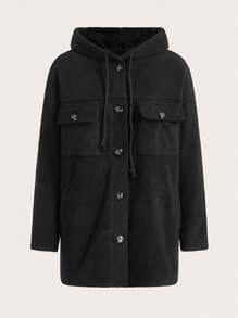 SHEIN BASICS 翻蓋口袋落肩袖抽繩連帽外套 - 黑色 - 查看 7