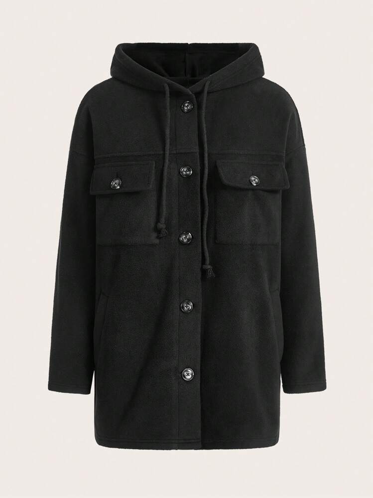 SHEIN BASICS 翻蓋口袋落肩袖抽繩連帽外套 - 黑色 - 查看 7