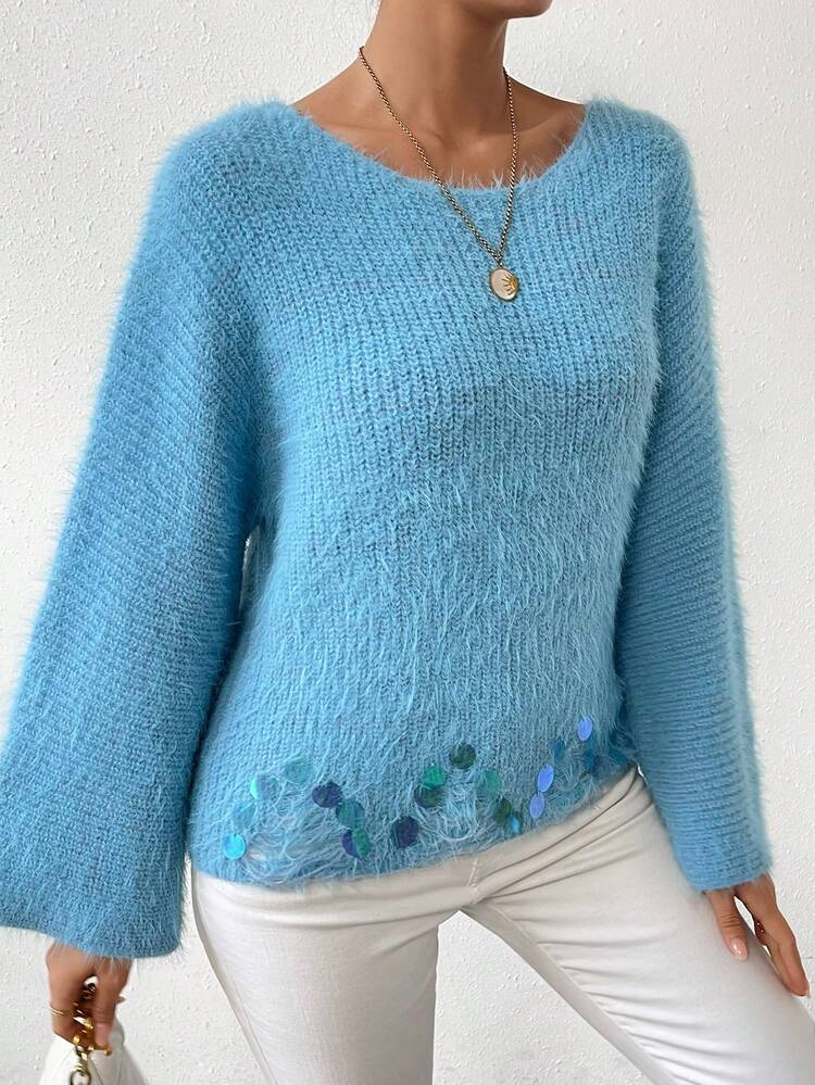 Patched Detail Drop Shoulder Fluffy Knit Pullover Fall Winter Sweater