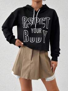 EURMUSE Letter Graphic Drop Shoulder Drawstring Hoodie - Black - View 5