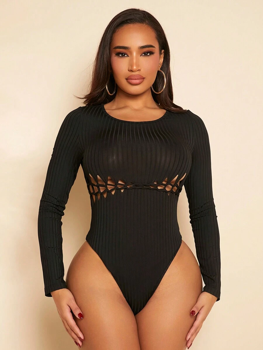 SHEIN SXY Solid Cut Out Bodysuit - Black - View 1