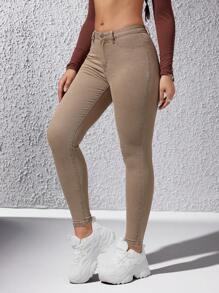 SHEIN Essnce Chất rắn Gầy Quần skinny Quần jean - Màu be - Xem 5