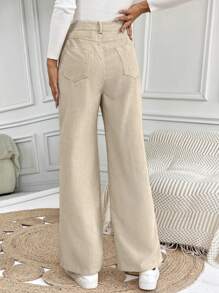 SHEIN LUNE 高腰斜口袋燈芯絨闊腿褲 - 杏色 - 查看 2