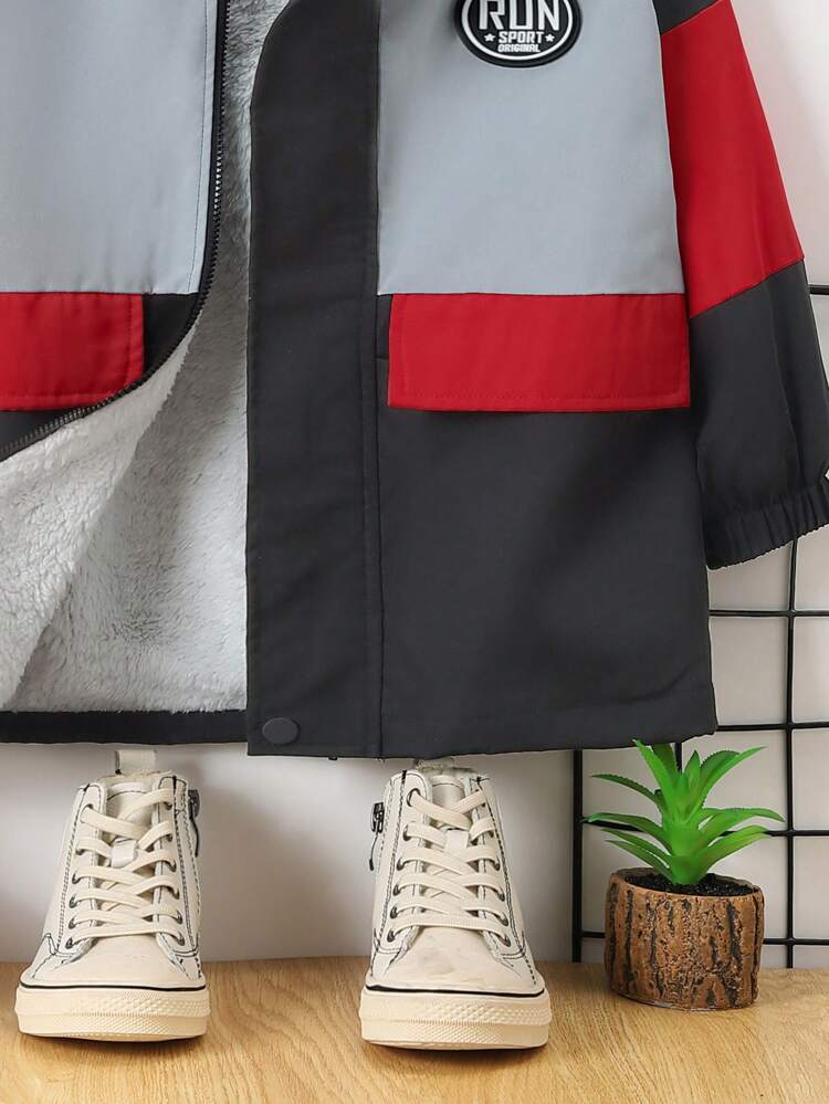 Young Boy Casual Soft Comfortable Hooded Jacket With Plush Lining And White Letter Patchwork For Autumn And Winter