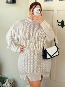 SHEIN MOOSTA Talla grande Vestido de punto ribete con fleco de hombros caídos bajo con abertura - Blanco - Ver 4