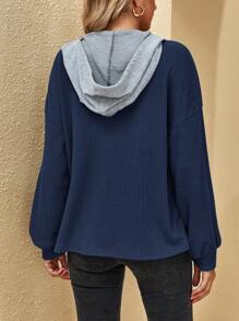 SHEIN LUNE Nút Nửa Thả vai Dây rút áo có mũ Dệt kim Waffle Áo nỉ - Màu xanh hải quân - Xem 2