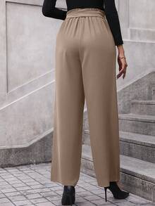 SHEIN Clasi Paperbag Waist Belted Wide Leg Pants - Apricot - View 2