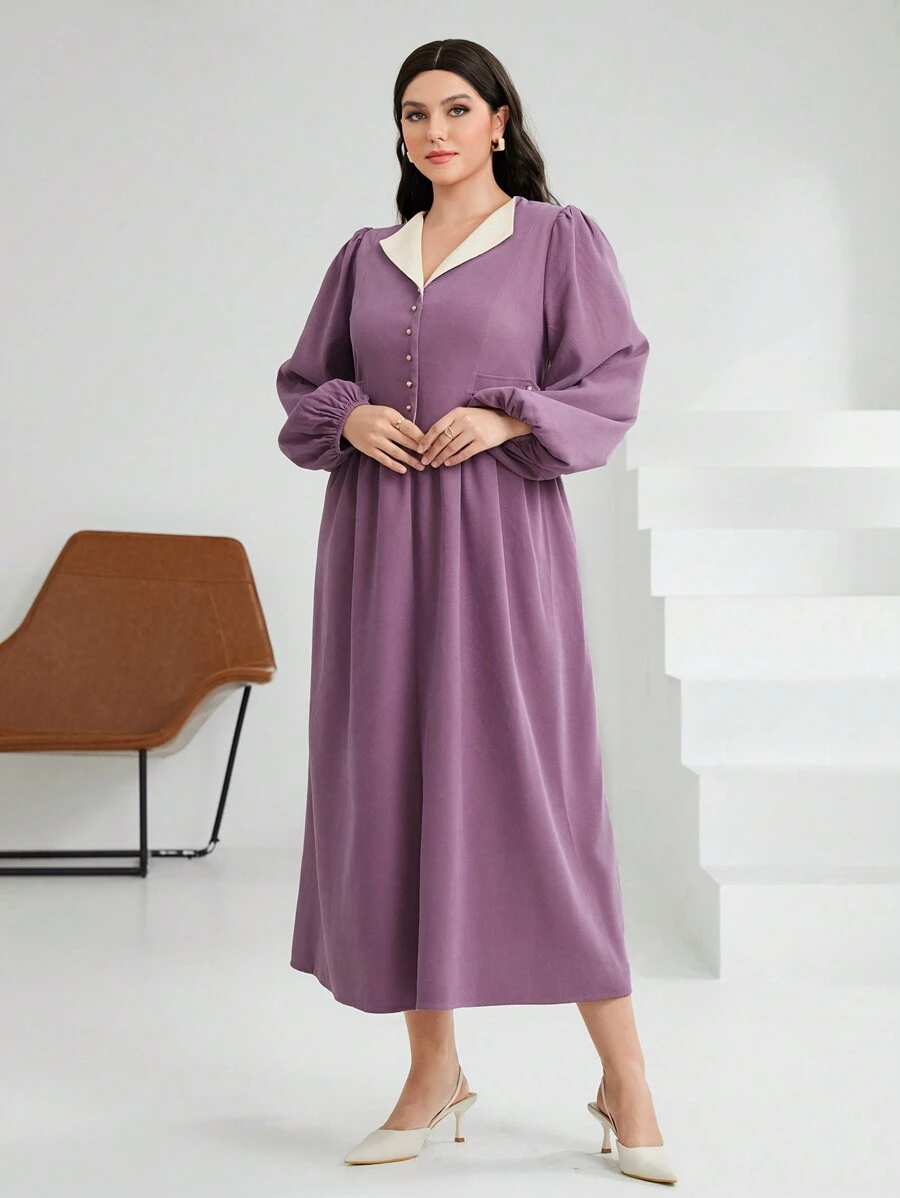 Mulvari 大碼燈籠袖襯衫領子洋裝 - 紫色 - 查看 1