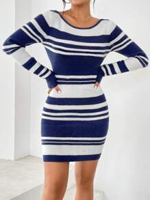 SHEIN Essnce Vestido de punto ajustado con patrón de rayas - Azul Marino - Ver 4