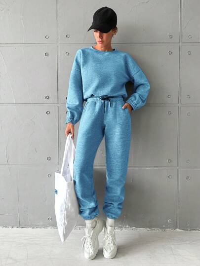 RueChic Drop Shoulder Sweatshirt & Drawstring Waist Sweatpants