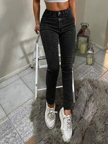 SHEIN Cottnline High Waisted Skinny Denim Jeans - Hitam - View 3