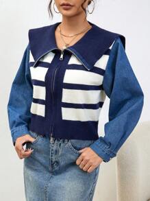 SHEIN Essnce Mẫu sọc Cổ thuỷ thủ Dây kéo mặt trước Áo len Mở - Nhiều màu - Xem 3