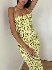 Ditsy Floral Print Tie Backless Halter Dress - Yellow - View 3