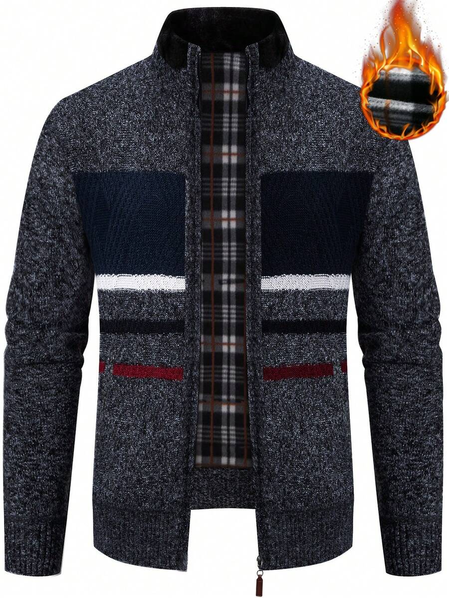 Manfinity Homme Men Contrast Panel Zip Up Cardigan - Dark Grey - View 1