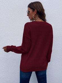 SHEIN LUNE 素色落肩袖套頭毛衣 - 紅色 - 查看 2