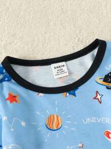 SHEIN Playful Pals Baby Boy 2pcs Letter & Planet Print Tee & Striped Pants Chic Outfits For Autumn/Winter - Multicolor - View 3