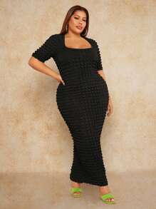 SHEIN SXY SHEIN Của phụ nữ Kích thước lớn Cổ vuông Thon gọn Váy bodycon Với Bong bóng Kết cấu Năm mới NỮ Lễ tình nhân - màu đen - Xem 4