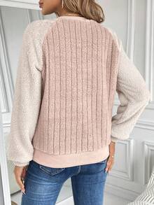 SHEIN LUNE Khối màu Tay Raglan Flannel Áo nỉ - Màu Khaki - Xem 2