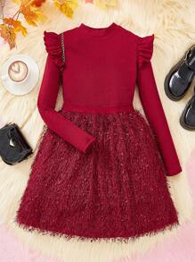 SHEIN 女大童荷葉邊T恤和毛茸茸半身裙 - 紅色 - 查看 1