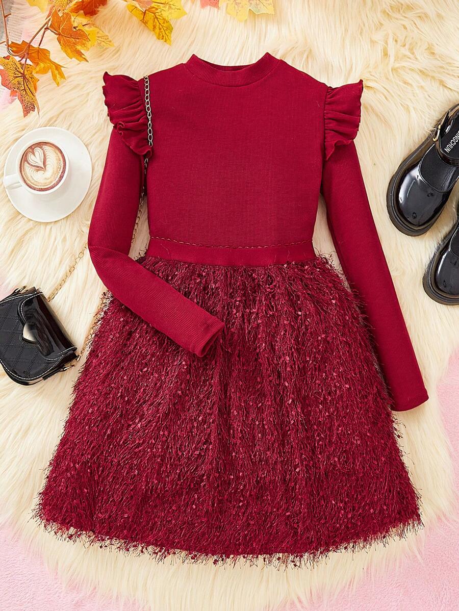 SHEIN 女大童荷葉邊T恤和毛茸茸半身裙 - 紅色 - 查看 1