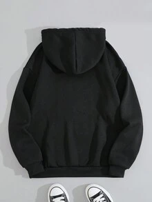 SHEIN EZwear Heart & Letter Graphic Kangaroo Pocket Drawstring Hoodie - Black - View 2