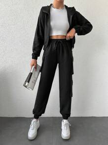 EURMUSE Zip Up Drop Shoulder Hoodie & Flap Pocket Drawstring Waist Sweatpants - Black - View 1