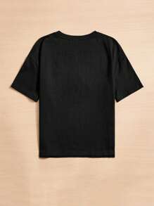 SHEIN Leap Crew 青少年女孩宽松休闲心形印花圆领短袖 T 恤 - 黑色 - 查看 2