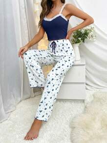 CottageSlumber 对比色蕾丝吊带上衣和碎花印花裤睡衣套装/睡衣套装 - 寶藍色 - 查看 3