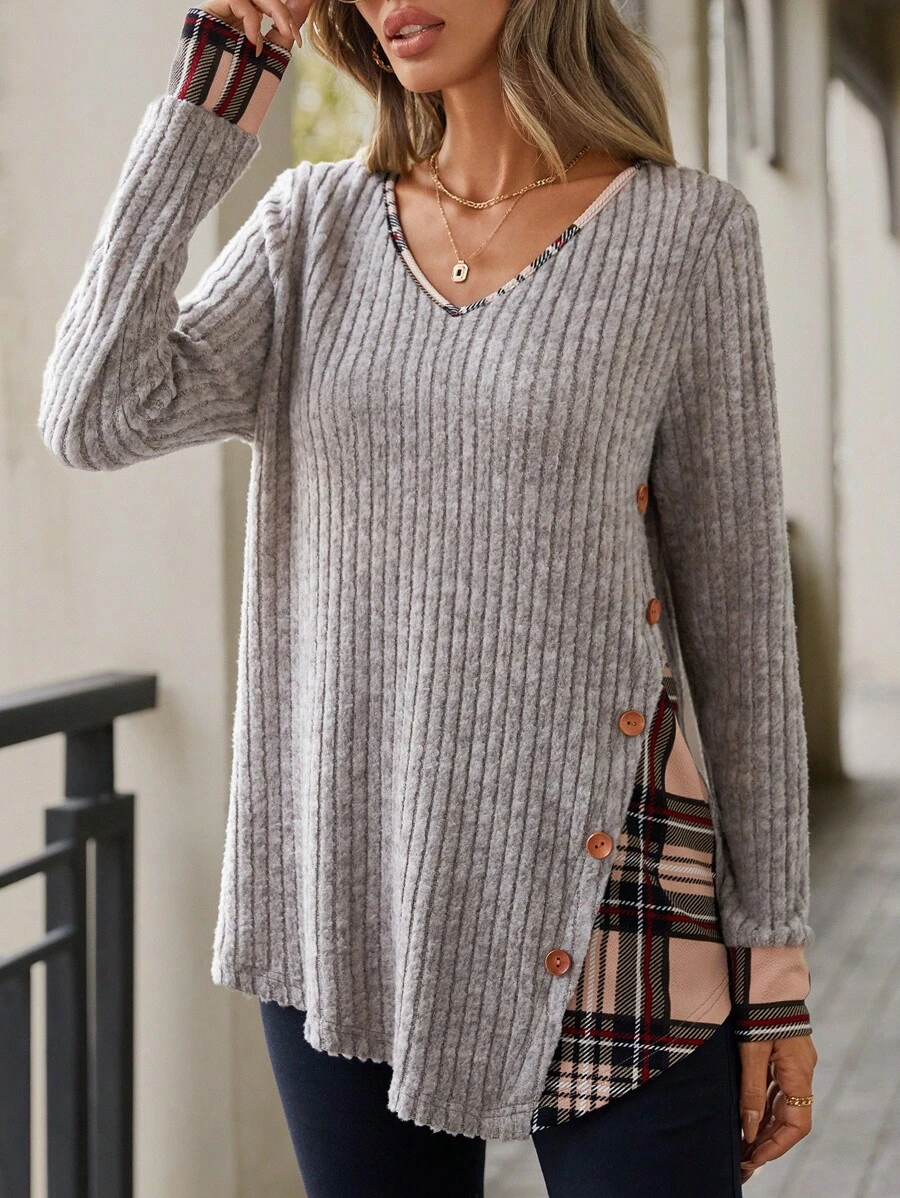 SHEIN LUNE Plaid & Asymmetrical Hemline Splicing T-shirt - Khaki - View 1