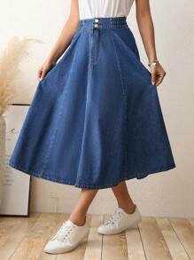 SHEIN LUNE Cao eo Pháo sáng Váy Denim - Rửa tối - Xem 5