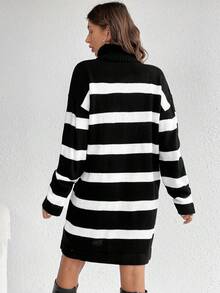 SHEIN Frenchy Striped & Heart Pattern Turtleneck Drop Shoulder Sweater Dress - Black and White - View 2