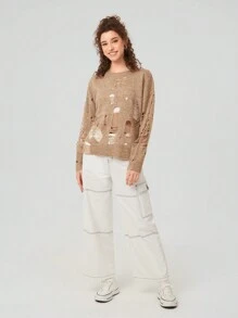 Forever 21 Pull Effet Vieilli À Épaules Tombantes Pour Femmes Avec Détails Découpés