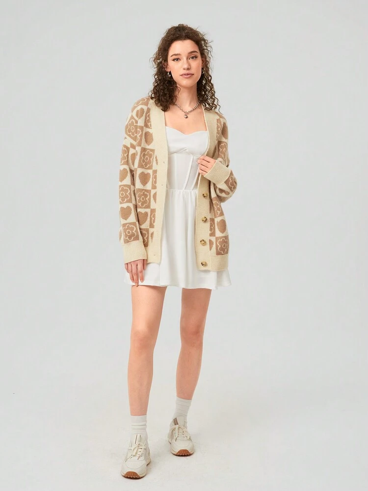 Ladies' Loose Fit Cardigan With Flower & Heart Pattern
