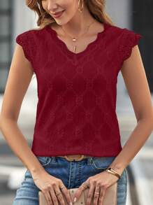SHEIN Clasi Contrast Scallop Lace Trim Cap Sleeve Eyelet Embroidery Tee - Burgundy - View 5