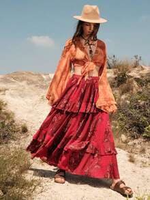 Bohemela 佩斯利印花荷葉邊半身裙 - 紅色 - 查看 3