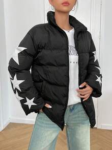 SHEIN EZwear 星星图案拉链衬垫大衣 - 黑色 - 查看 6