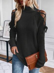 SHEIN Essnce Jersey cuello alto con cordón de manga raglán - Negro - Ver 1