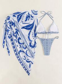 SHEIN Swim 夏季海灘花卉印花掛脖三角比基尼套裝配沙灘裙 - 藍白色 - 查看 6