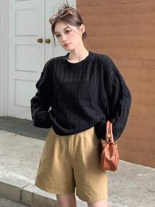 Dazy Star Solid Drop Shoulder Cable Knit Sweater - Black - View 5