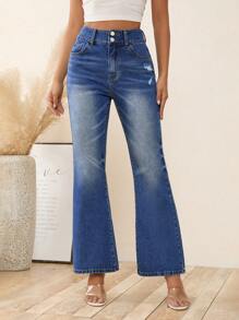SHEIN LUNE Ripped Flare Leg Jeans - Dark Wash - View 3
